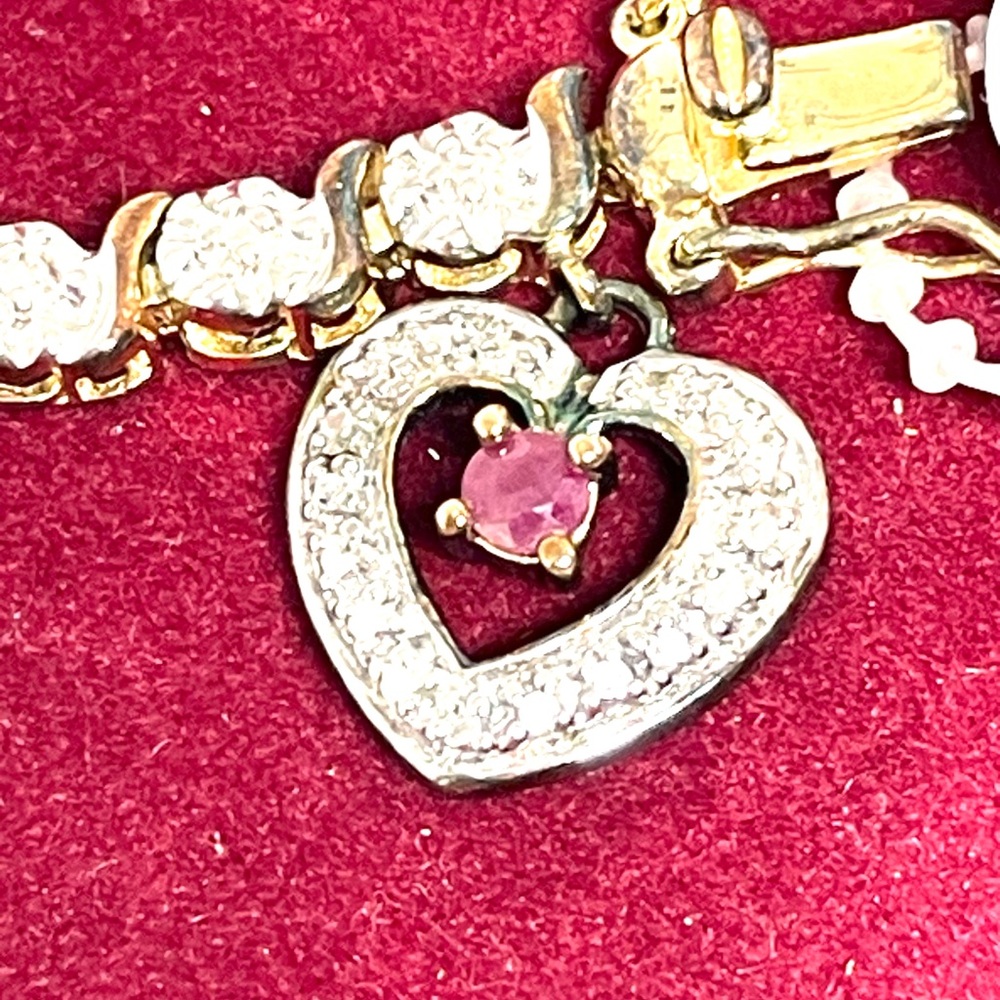 New 18k over Sterling Diamond & Ruby Charm Bracelet